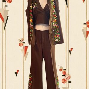 1970s‎ Vintage El Estudio 3 Piece Set Crop Top Pants And Button Down Shirt - S/M